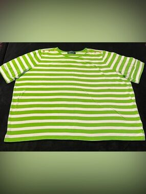 Ralph Lauren Green & White Striped Boatneck Tshirt Top Button Detail Women’s 3XL